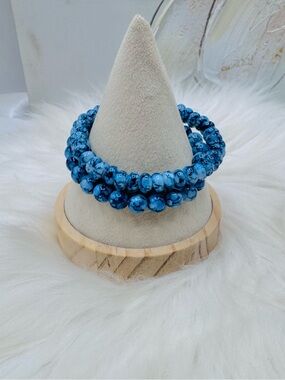 Blue Marbled Agate Beaded Stretch Bracelet Gemstone Set of 2 Bracelets